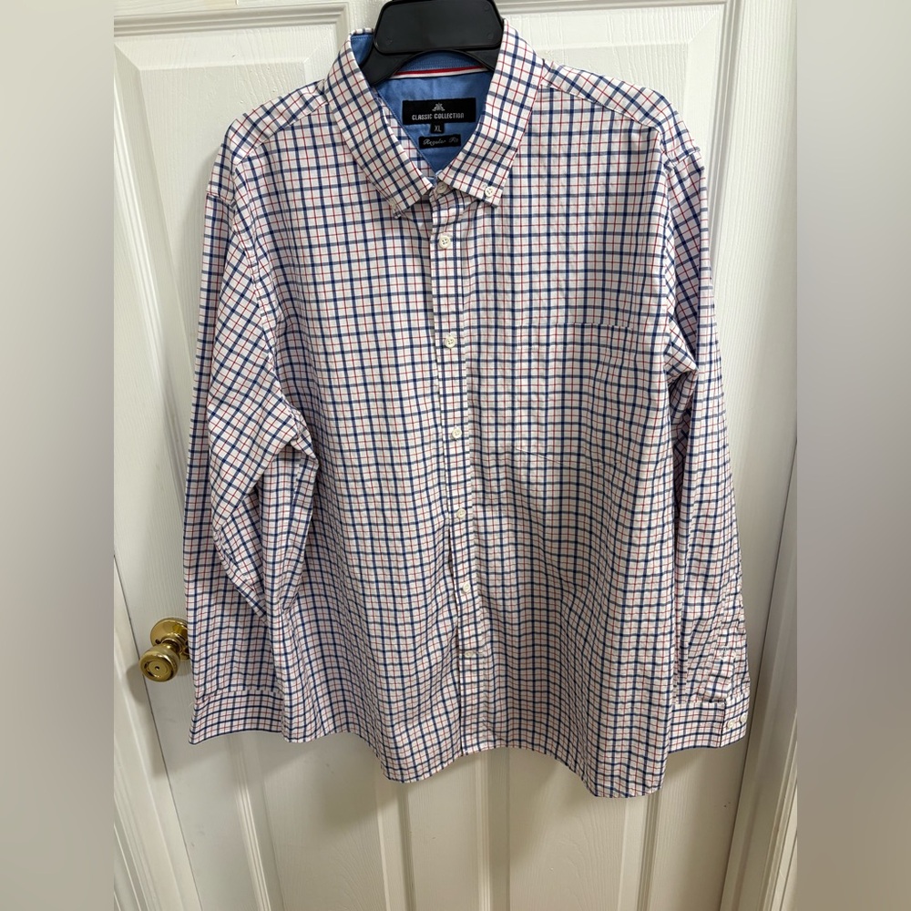 Classic Collection, regular fit long sleeve dress shirt, red and blue plaid